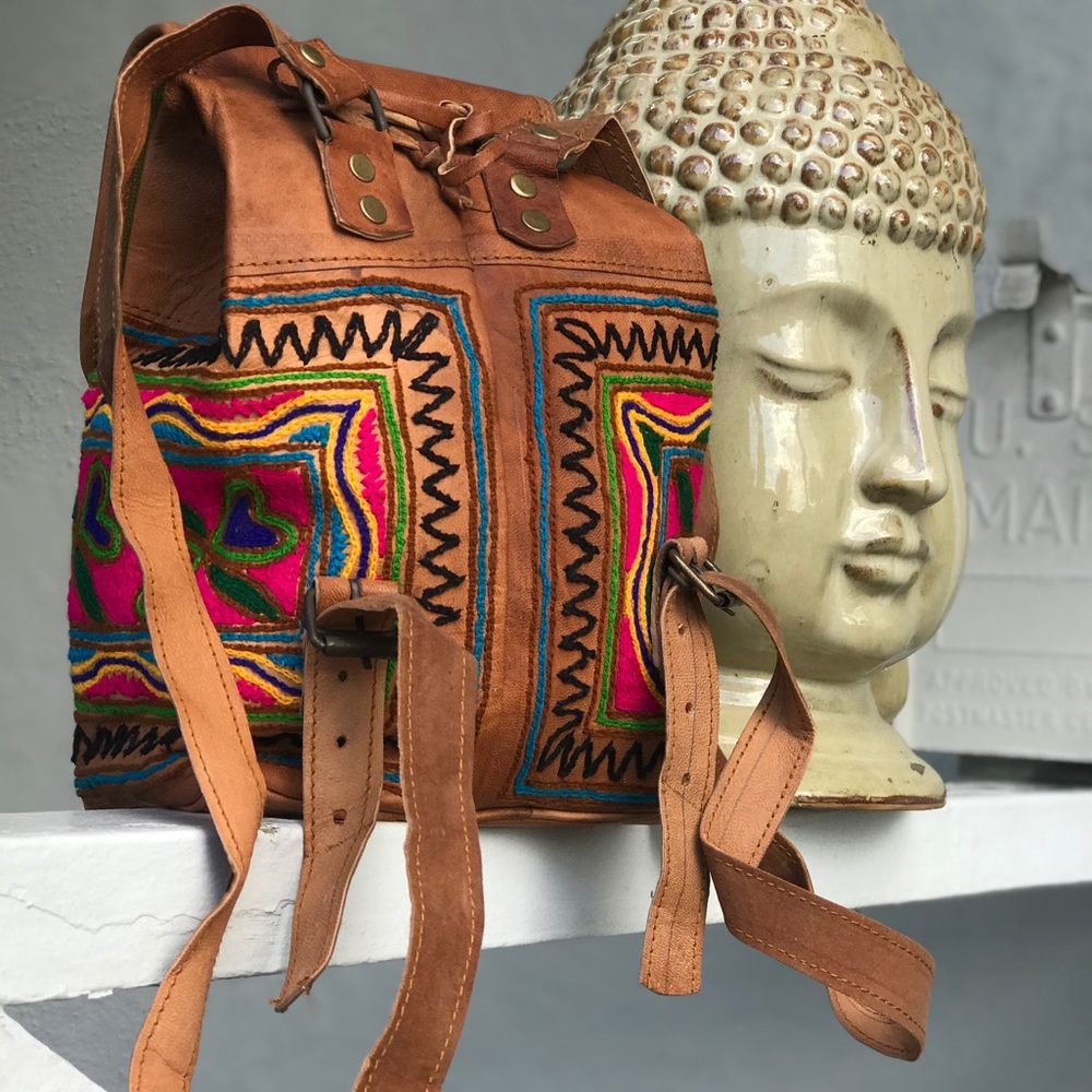 Boho Embroidered Tan Camel Leather Mini Backpack - Picture 5 of 10